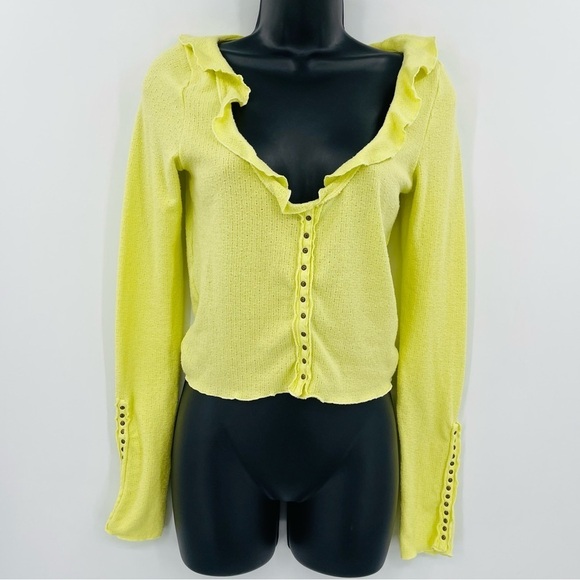 Free people deep v neck crop top ruffle button up lime green yellow size XS - Picture 7 of 8